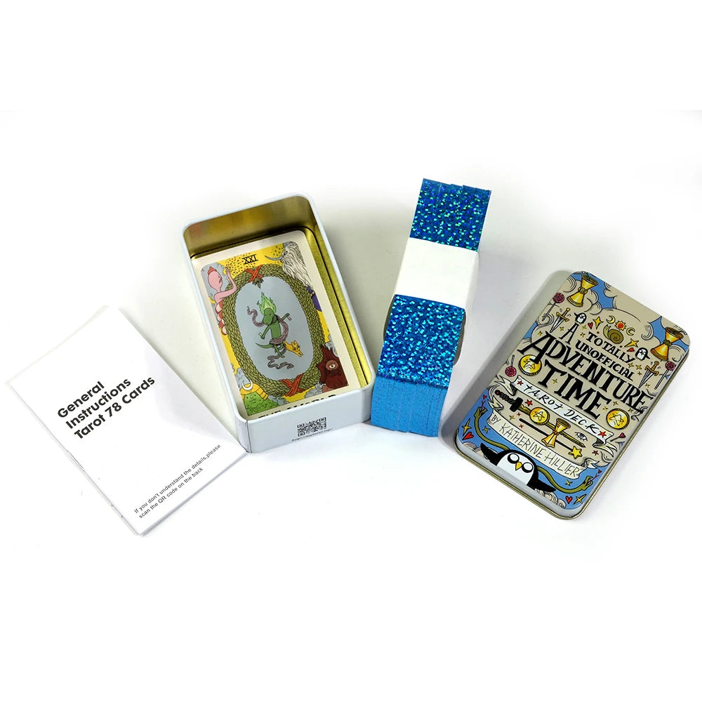 tarot hora de aventura caja metalica imagen contenido abierto mostrando caja metalica, cartas y manual